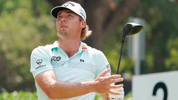 Sam Burns watches a shot during the final round of the 2023 Charles Schwab Challenge in Fort Worth, Texas.